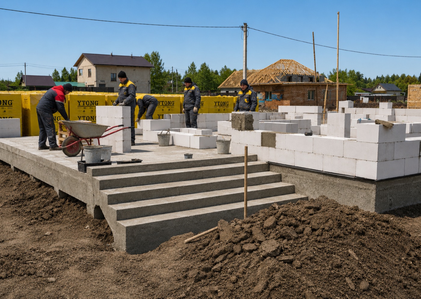 Кладка первого ряда газобетонных блоков Итонг D400